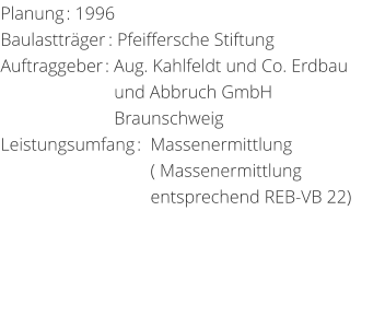 Planung: 1996 Baulasttrger: Pfeiffersche StiftungAuftraggeber: Aug. Kahlfeldt und Co. Erdbau                          und Abbruch GmbH                                  Braunschweig Leistungsumfang:  Massenermittlung                                  ( Massenermittlung                                    entsprechend REB-VB 22)
